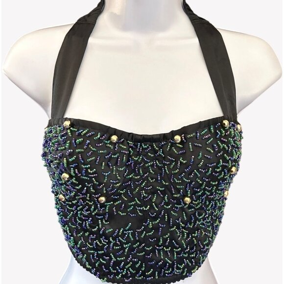 Vintage Victorias Secret Gold Label Black Beaded Halter Top Sz M Y2K Maximalist - Picture 1 of 6